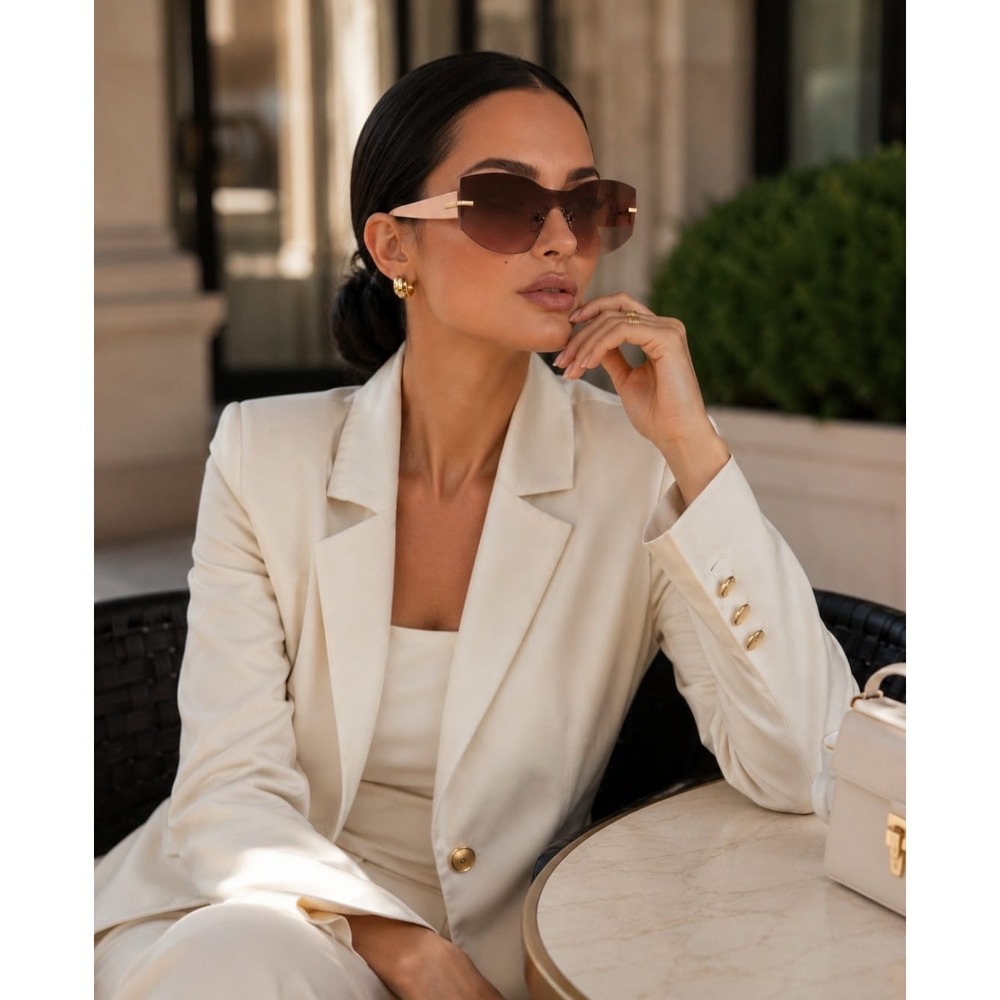 Oscar de la Renta Pink Rimless Shield Sunglasses Gold Rose Brown